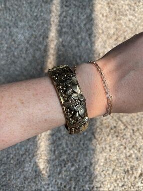 Gold Floral Relief Hinged Bracelet